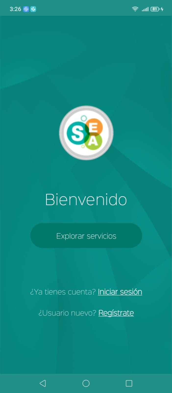 Pantalla de bienvenida de SEA Móvil